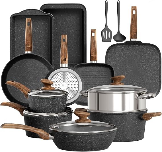 DishDelight 17pcs Kitchen Cookware Set Pots and Pans Set Non Stick Induction Hob Pan Set Frying Pan with Lids Granite Coated Saucepans Set (Black)