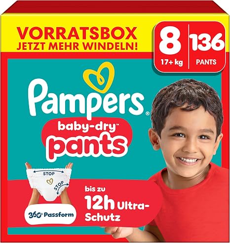 Pampers Baby-Dry Pants Size 8 136 Pieces 17kg+ 360° Leak-Proof Fit for Day and Night 360° auslaufsichere Passform für Tag und Nacht