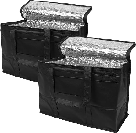 APQ Supply Insulated Food Delivery Bags, Black Cooler Tote Bags, Foldable Catering Bag with Zippered Top