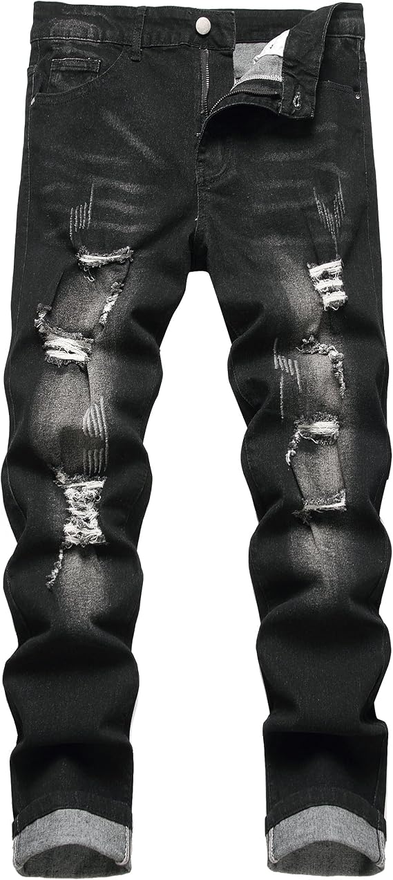 Men's Ripped Straight Leg Jeans, Black, Slim Fit, Regular Length, Distressed Design