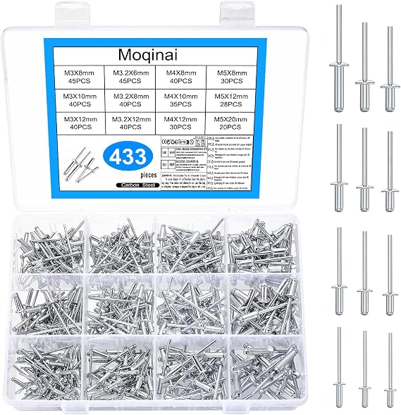 433 Pcs Aluminium Pop Rivet Set(3/3,2/4/5 mm) x (6/8/10/12/20 mm), Large Flange Blind Rivets Assortment Kit, Aluminium Rivets with Steel Mandrel for Rivet Gun, Metal, Wood, Furniture, Marine
