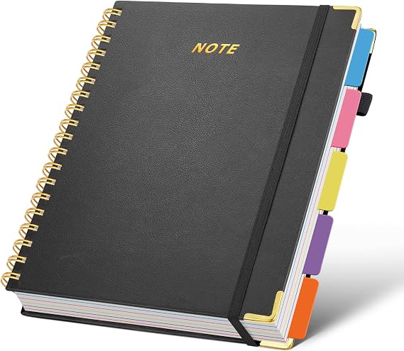 5 Subject Notebook with Removable Dividers Tabs, 300 Pages Leather Hardcover Spiral Notebook College Ruled, 8"x10" Large B5 Notebooks for Work School, Lined Journal for Women, Black