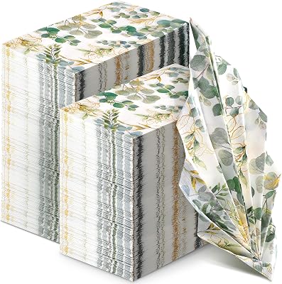 Spiareal 200 Pcs Greenery Paper Napkins 3 Ply Disposable Hand Towels for Bathroom Green Eucalyptus Leaf Guest Decorative Dinner Napkin for Bridal Baby Shower Wedding Birthday Spring Party