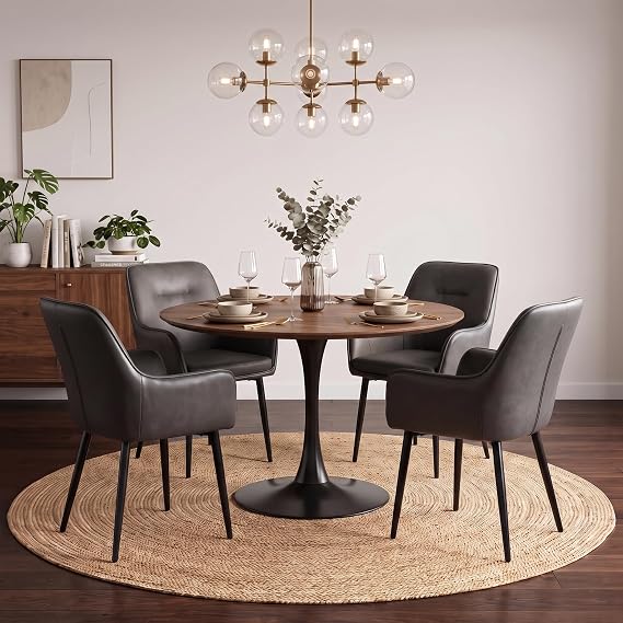 TUKAILAi Dining Chairs Set of 4, Faux Leather Dining Chairs with Arms, Upholstered Mid-Century Kitchen & Dining Room Chairs with Metal Legs, Modern Reception Chair for Living Meeting Room - Grey
