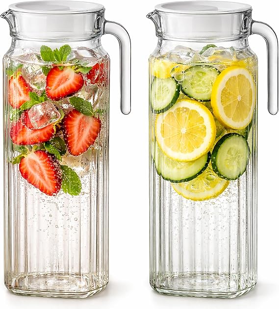Glass Pitcher with Lid 2 Pack 34 oz Glass Water Pitcher with Handle, Ribbed Glass Container with Lid and Vented Spout for Fridge Shelf, Iced Tea, Lemonade, Juice