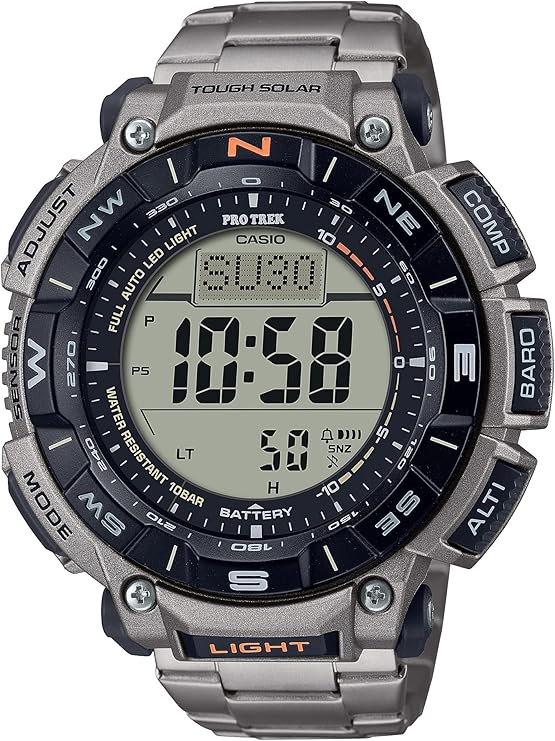 Casio PRG340 Series | Pro Trek | 100 Meter Water Resistant | Compass | Alt/Baro-Thermo | Tough Solar Power | 1-100 SEC Stopwatch | Countdown Timer | World Time, Silver, PRG-340T-7CR
