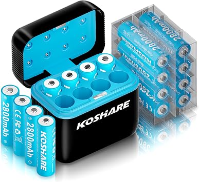 Rechargeable AA Battery with Charger,16Pcs 1.2V Ni-MH Batteries with 16 * 2800mAh AA High Capacity,800 Cycles,Pre-Charge, Type-C and 8 Slot Charger