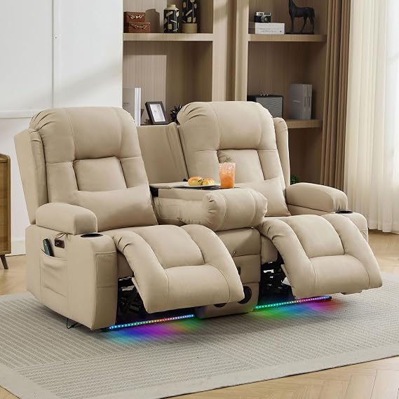 TUNYI Wall Hugger Loveseat Recliner Sofa with Console, Power Reclining Loveseat RV Couch with Massage & Heat/USB/Outlet/Storage/LED Light/Speaker (Beige, 2 Seat with Console)