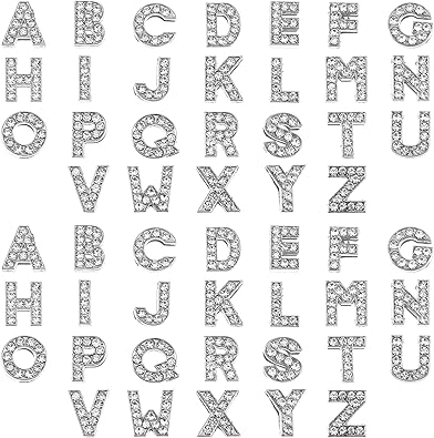 52 PCS 8 mm A-Z Rhinestone Letters Charms , Full Rhinestones Alphabet Letters, Slide Alphabet Crystal Letter for DIY Wristbands Bracelet Jewelry Making Junk Case Name Initial Charm Crafts (Silver)