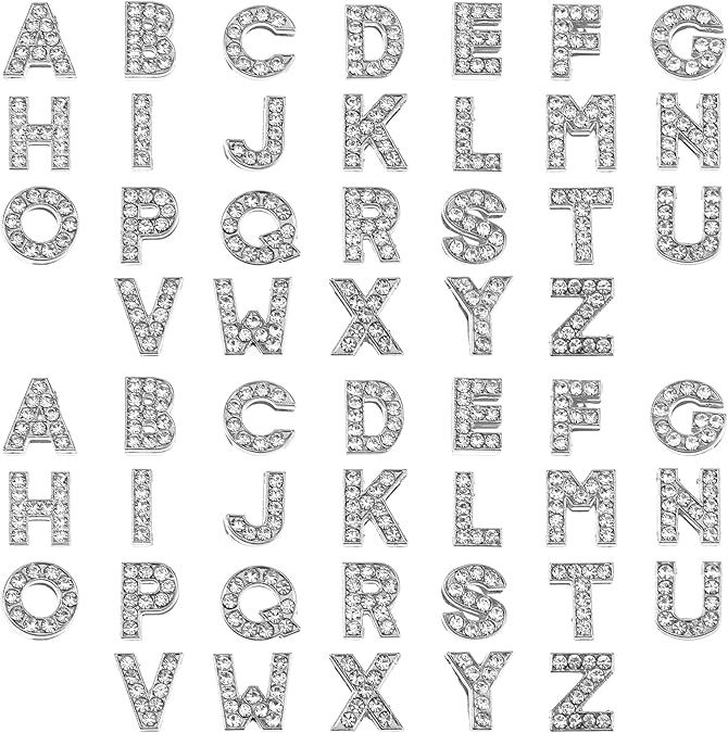 52 PCS 8 mm A-Z Rhinestone Letters Charms , Full Rhinestones Alphabet Letters, Slide Alphabet Crystal Letter for DIY Wristbands Bracelet Jewelry Making Junk Case Name Initial Charm Crafts (Silver)