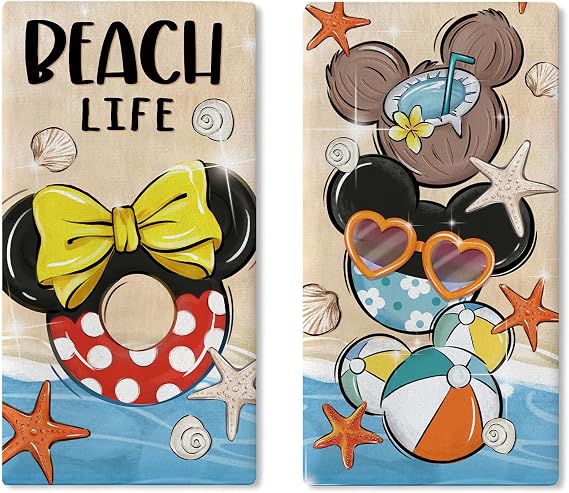 Beach Life Kitchen Dish Towels Set of 2, Coastal Sea Swimming Ring | Ball Coconut Hand Towel Drying Baking Cooking Cloth, Nautical Ocean Starfish Shell Summer Home Decor 18 x 26 Inches