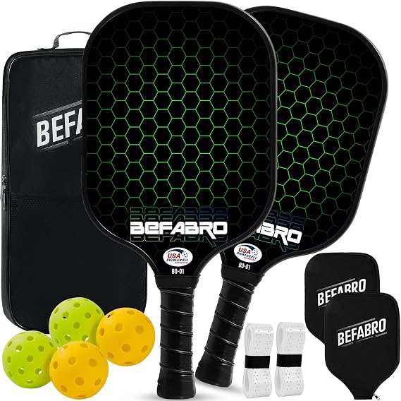 Pickleball Paddles Set of 2 | USAP Approved Fiber Glass Pickleball Rackets with Spin Surface, Pro Power & Honeycomb Core - 4 Pickleballs, 2 Paddle Covers, Grip Tape & Bag for Pro & Beginner