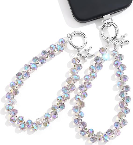 richginker 2pcs Crystal Phone Wrist Strap Phone Charm Chain Keychain Beaded Cellphone Lanyard with Tether Tab Hands-Free Wristlet Bracelet Wrist Grip Strap for Women, D-Light Purple