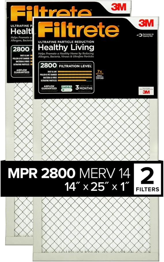 Filtrete 14x25x1 Air Filter, MERV 14, MPR 2800, 2 HVAC Filters