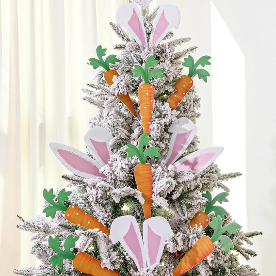 Easter Decorations Tree Picks Ornaments: 16 pcs Large Pink Bunny Ears Carrots Tree Decorations, Cute Rabbit Ears Ornaments for Easter Tree Topper, Kids Girls Home School Office Spring Party Vase Decor