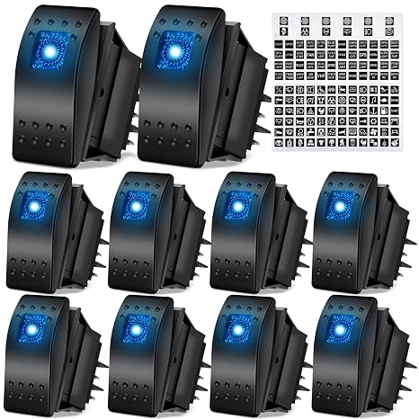 Tallew 10 Pcs Rocker Switches 4 Pin Marine Boat Toggle Switch 12v/24v Blue LED Backlit Spst Waterproof On/Off Set with Night Glow DIY Stickers for Cars Trucks Rvs Auto Motorcycles