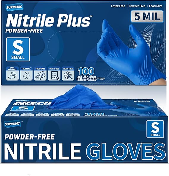 Supmedic Nitrile+ Disposable Gloves, 5 Mil Latex & Powder-Free Glove 100 Ct | Soft Stretch Fit Powder-Free Latex-Free Chemical Resistant Cooking Cleaning Food Prep Exam Blue /Black 100 Ct