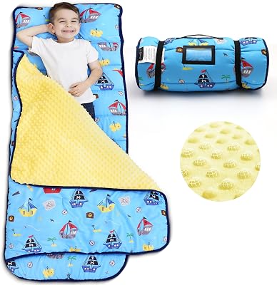 ACRABROS Toddler Nap Mat with Pillow and Blanket, Extra Large Rolled Napping Mats,Slumber Bags for Boys Girls,Kids Sleeping Bag for Daycare, Preschool Travel Camping, Pirate Ship