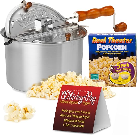 Original Whirley Pop Popcorn Maker - 6 Quart Stovetop Popcorn Popper With Five Popping Kits, Aluminum Popcorn Pot With Metal Gears, Wabash Valley Farms Stove Top Popcorn Maker, Popcorn Pan (Silver)
