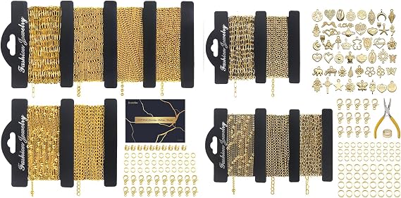 Ecoofor 14K & 18K Gold Necklace Chains Jewelry Making Kit - 55.9 Feet Total (11 Rolls) with Jump Rings, Lobster Clasps, Pendants & Tools - Complete DIY Bracelet & Necklace Making Supplies Set, Complet
