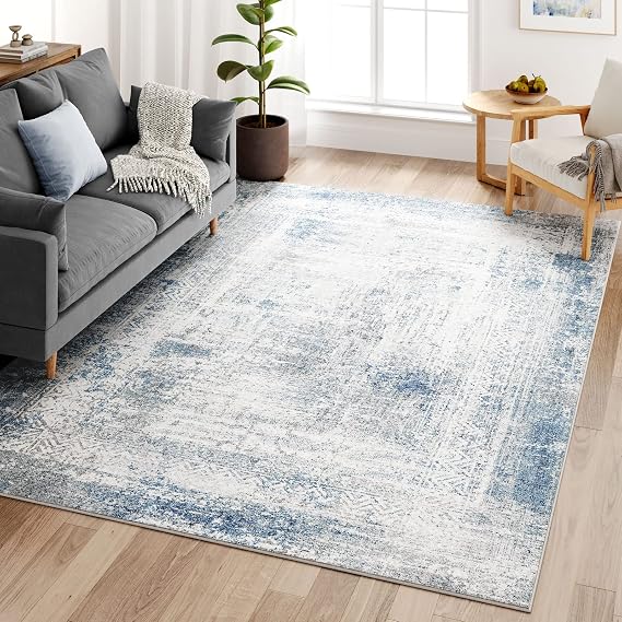 Dripex Abstract Contemporary Area Rugs, Faux Fur Rug Non-Slip & Durable Carpet for Living Room Bedroom Kids Room Kitchen, Washable Fluffy Rugs Stain Resistant Floor Mats for Home, 7'6"x9'6"/Mist Blue