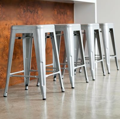 330lb Capacity Gray Kitchen Counter Chair Island Outdoor Industrial Galvanized Metal Bar Stools, Silver