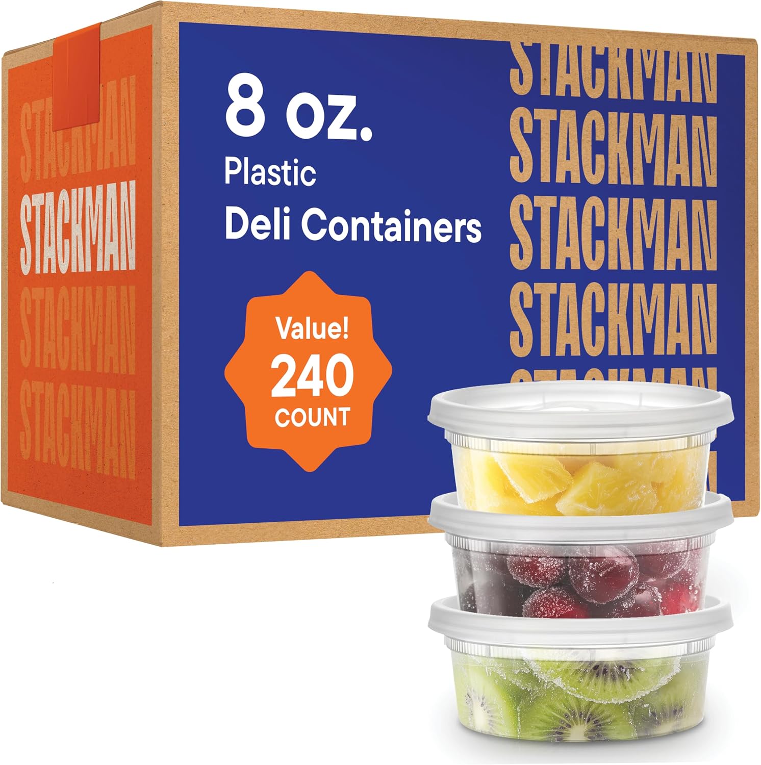 Stack Man [240 Sets - 8 oz.] Clear Plastic Containers with Airtight Lids - Deli Food Storage, Slime, and More - Bulk Pack - Small Containers with Lids - 240Case Brand