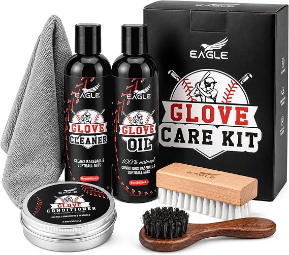 Eagle Baseball Glove Care Kit Glove Cleaner (8oz), Oil (8oz), Conditioner (3.38oz), 2 Applicators & Cloth Complete Leather Glove Maintenance Kit for Baseball, Softball, Catchers Mitts & More