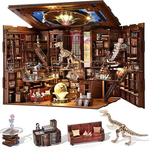 MiniCity Book Nook Kit, DIY Miniature Dollhouse Booknook Kit with LED Light and Dust Cover for Teens and Adults(Beyond Library Max)