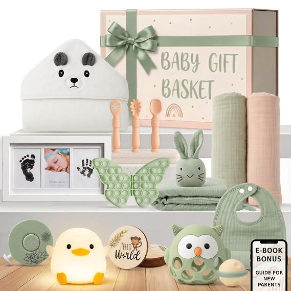 New Baby Gift Basket Curated 22-Piece Set with Infant Development Toys | Unique Selection: Baby Shower Gift Basket for Boy & Girl | Gender Reveal Gifts & New Mom Gifts Bundle