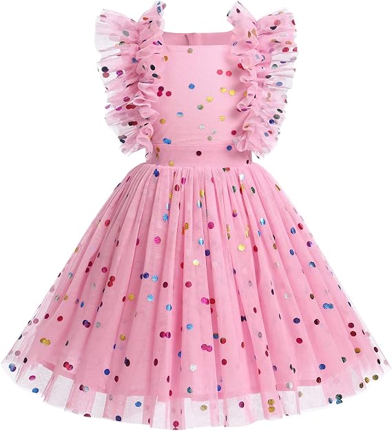 IDOPIP Flower Girls Sequin Butterfly Dot Tutu Dress for Kids Baby First Communion Wedding Princess Birthday Party Dresses