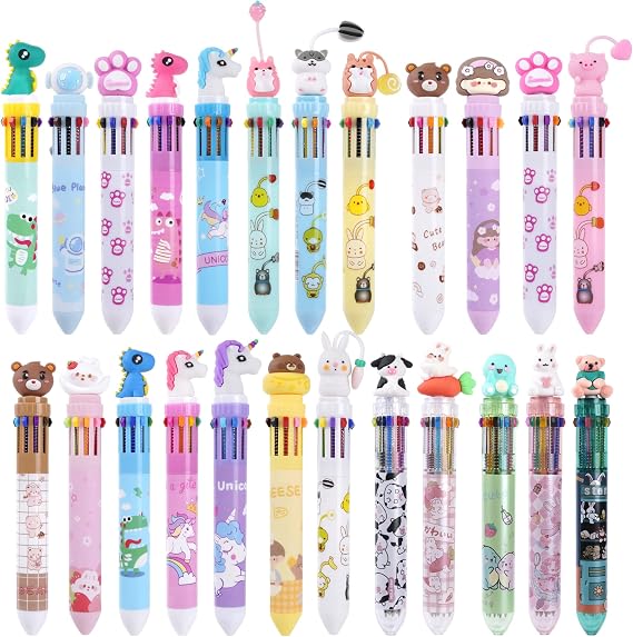 Kolewo4ever 24 Pieces Multicolor Ballpoint Pens 10-in-1 0.5mm Retractable Ballpoint Cartoon Pens for Office Supplies
