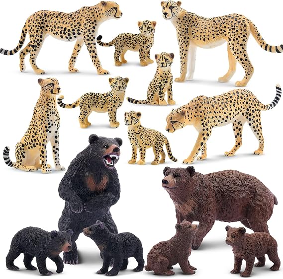 Toymany 14PCS Realistic Safari Animals Figures Family Playset Includes Baby Animals, Realistic Bear Figurines and Cheetah Figures with Cubs, Cake Toppers Christmas Birthday Toy for Kids