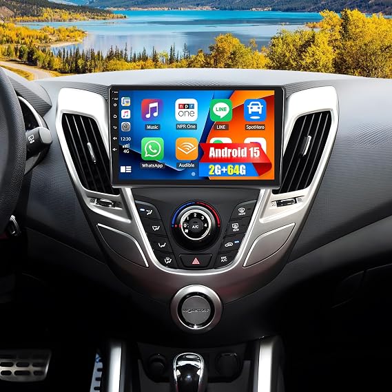 Android 15 Car Stereo for Hyundai Veloster 2011-2017 9 Inch Touch Screen 2G+64G with Wireless CarPlay Android Auto Mirror Link 26UI Bluetooth FM GPS Navigation WiFi SWC Backup Camera
