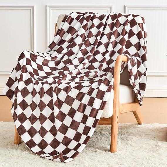 Edenleaf Brown Checkered Fleece Throw Blanket for Couch Warm Home Decor