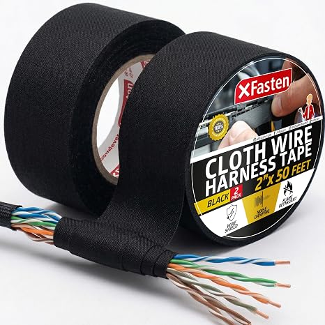 XFasten Wire Harness Tape, 2 Inches x 50 Feet (2-Pack), High Temp Wiring Loom Harness, Self-Adhesive Felt Cloth Electrical Tape for Automotive Engines, Noise Dampening, and Cable Protection
