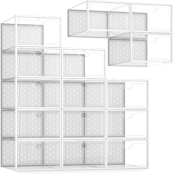 Pinkpum 15 Pack X-Large Shoe Storage Boxes, Shoe Organizer Clear Stackable | Fit US Size 11, 6.2 Height, Shoe Dispaly Case Holder Bins Sneaker Storage for Sneakerheads, For Home and Family, White
