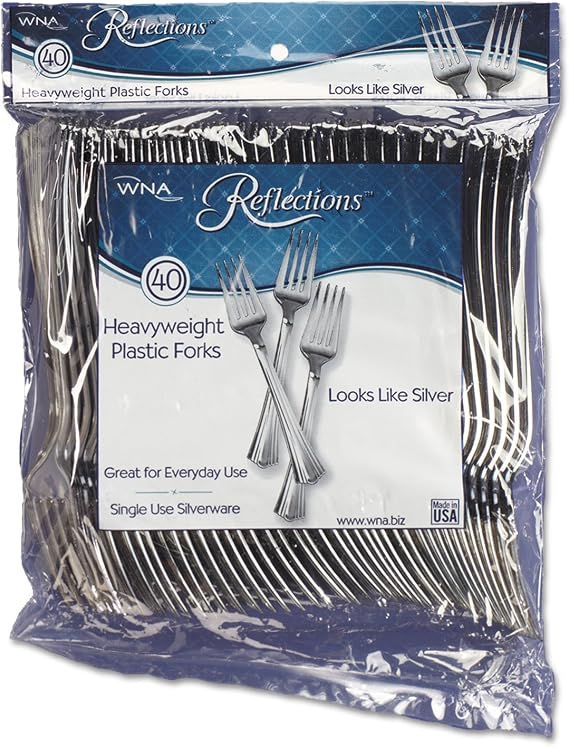 WNA Reflections Heavyweight Plastic Utensils, Fork, Silver, 7", 40/pack, 8 Packs/carton