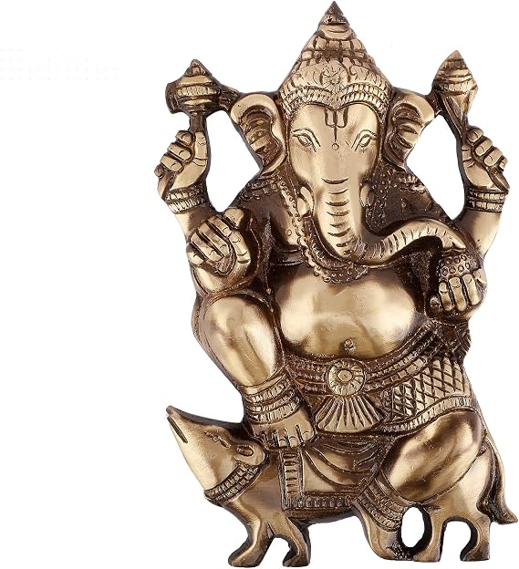 Lord Ganesha Seated on Rat Brass Statue | Handcrafted Ganpati Idol on Mooshak | Traditional Brass Ganesha Murti for Auspicious Beginnings | 9L x 6W x 9H Centimeters