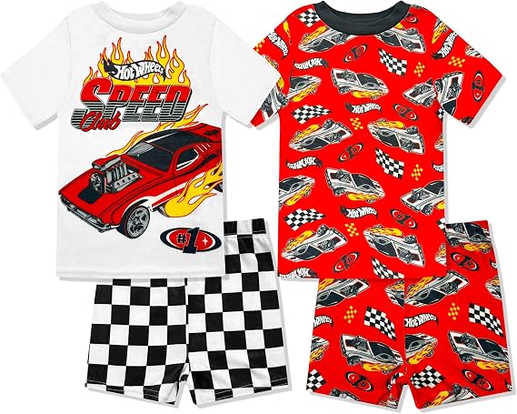 Hot Wheels Boys Pajama Set - Snug-Fit PJs 4 Piece Short Sleeve & Shorts Pajama Set - Kids Summer Pajamas - Official License