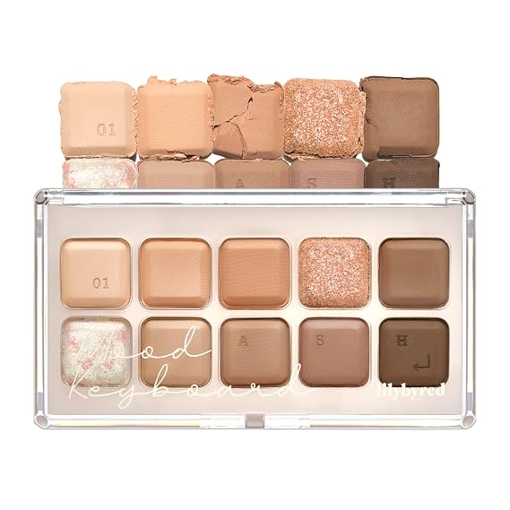 lilybyred Mood Keyboard | 10-Shade Korean Eyeshadow Palette, Highly Pigmented, Matte, Shimmer & Jelly Glitter, Smooth. Blendable, Long-Lasting, Dome-Shaped Design, 0.37 oz. (01 Ash Cinnamon)