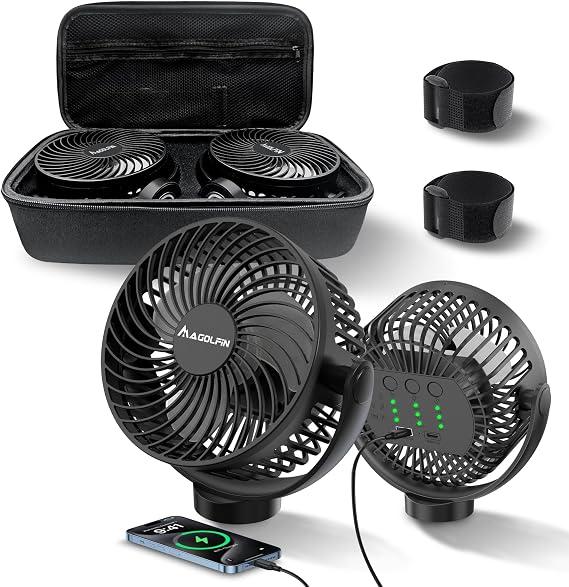 2-Pack Magnetic Golf Cart Fan Rechargeable with Carrying Case, 12000mAH Battery Portable Fan with Magnetic Base, Suitable for EZGO Club Car Yamaha, Golf Cart & Cruise Ship Accessories