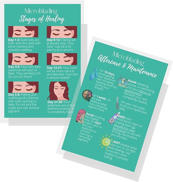 Boutique Marketing LLC Eyebrow Microblading Healing & Aftercare Instructions Postcards | Package of 30 | Double Sided Size 4 x 6 inches Postcard | Green with Colorful Icons Design
