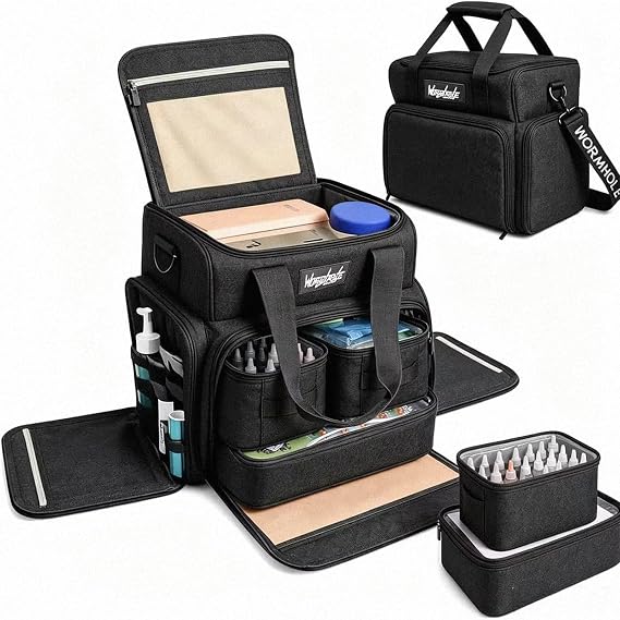 Wormhole Tattoo Case Tattoo Backpack with 3 Inner Removable Pouches 2 Layers Travel Bag for Tattoo Stencil Printer Tattoo Supplies Black 14.6" L x 9.5" W x 14.2" H