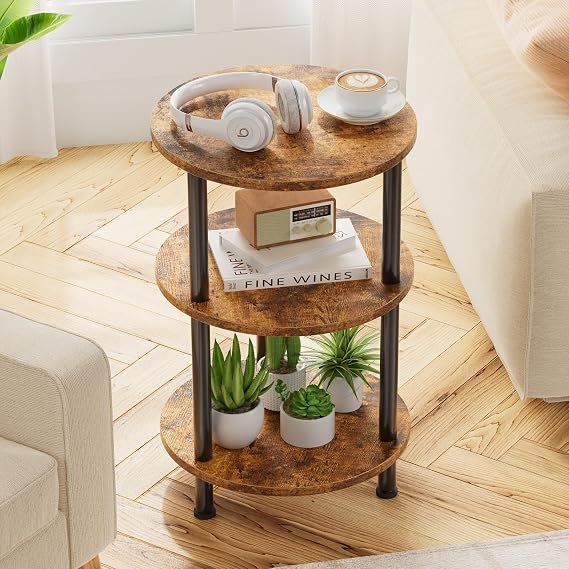 Simple Trending Side Table Living Room, Small Round End Table, 3 Tiers Accent Table for Small Spaces, Rustic Brown