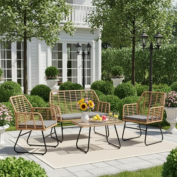 buybyroom Garden Table and Chairs Set 4 Rattan Garden Furniture Set, Balcony Furniture Set Suitable for Indoor and Outdoor, Brown, 1 Sofa + 2 Armchairs + 1 Table