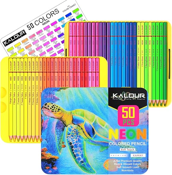 Kalour PDAS 50 Neon Colouring Pencils for Adult Colouring Books, Fluorescent Colors, Professional Drawing Pencils Set