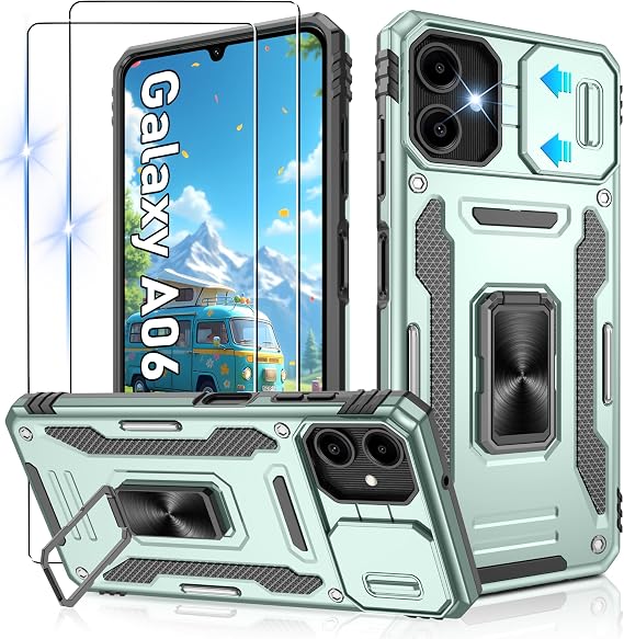 Jshru for Samsung A06 Phone Case with Screen Protector | Camera Protective Cover | Ring Stand,Shockproof Bumper Phone Cover for Samsung Galaxy A06 4G/5G,Alpine Green