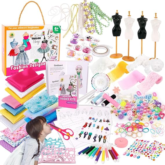 Fashion Design Kit for Girls - Sewing Kit with 2 Mannequin Stands, 345 Pieces Consumables | Kids Doll Clothes Making Set, Learning Sewing | Perfect Birthday Gift for Girls, Thanksgiving Activities