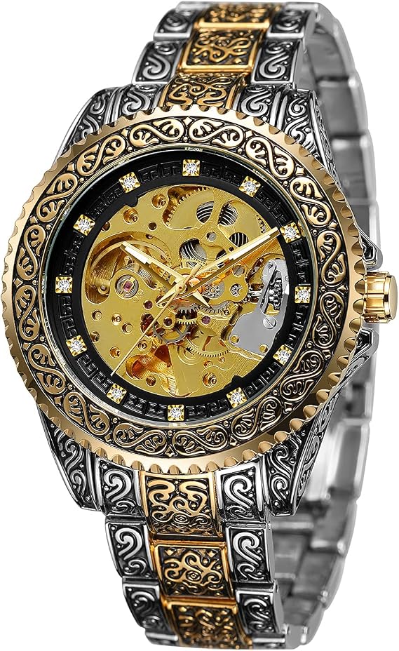 FORSINING Men's Skeleton Carving Wrist Watch Automatic Men Waterproof Automatic Wrist Watch, 02-gold silver band gold black face, Classic